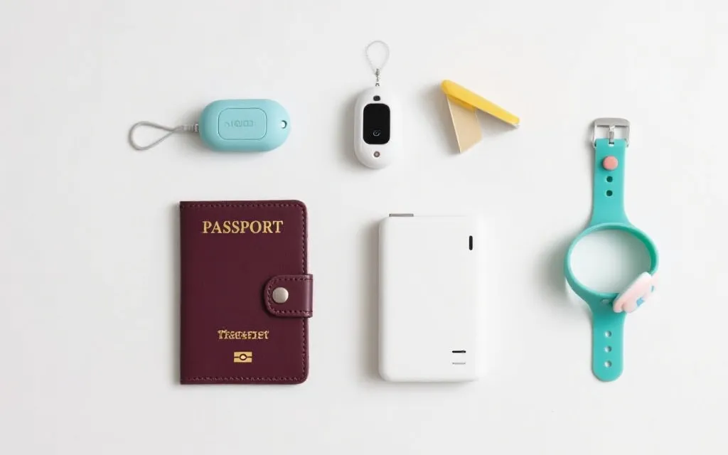 旅行安全打包平铺:证件夹、定位工具、警报器、门阻、充电宝与亲子用品