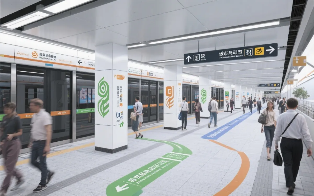 城市地铁站与步行街的人群动线示意，体现赛事期间的交通分流与旅游路线