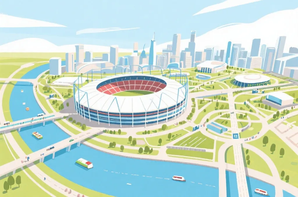 FIFA选址评估场景:球场升级、城市交通与赛事运营协调的概念插画